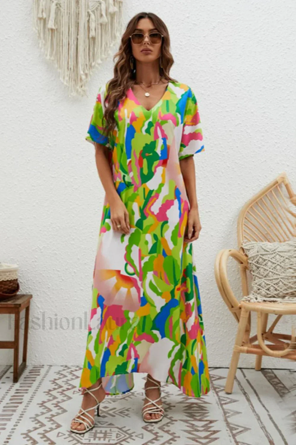 Print Short Sleeve Charming Wide Hem Maxi Dress - Image 2