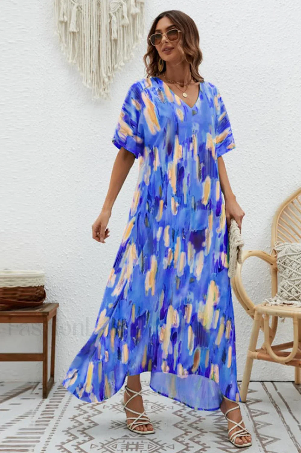 Print Short Sleeve Charming Wide Hem Maxi Dress - Image 31