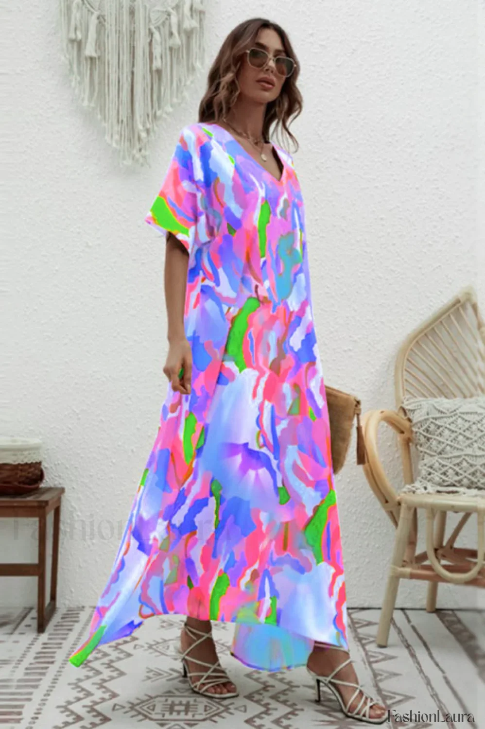 Print Short Sleeve Charming Wide Hem Maxi Dress - Image 56