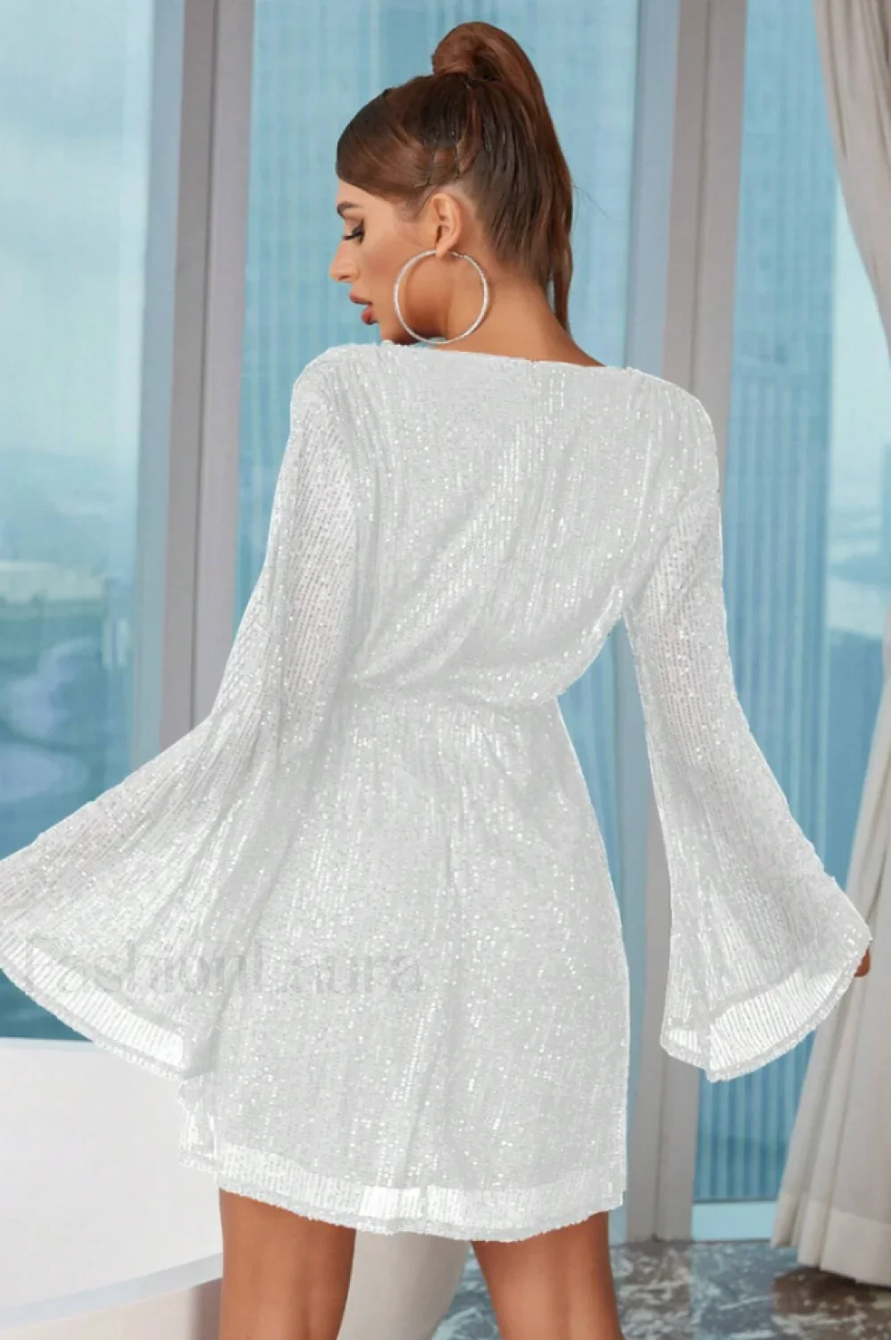 Plunging Neck Stylish Sequin Dress - Image 28