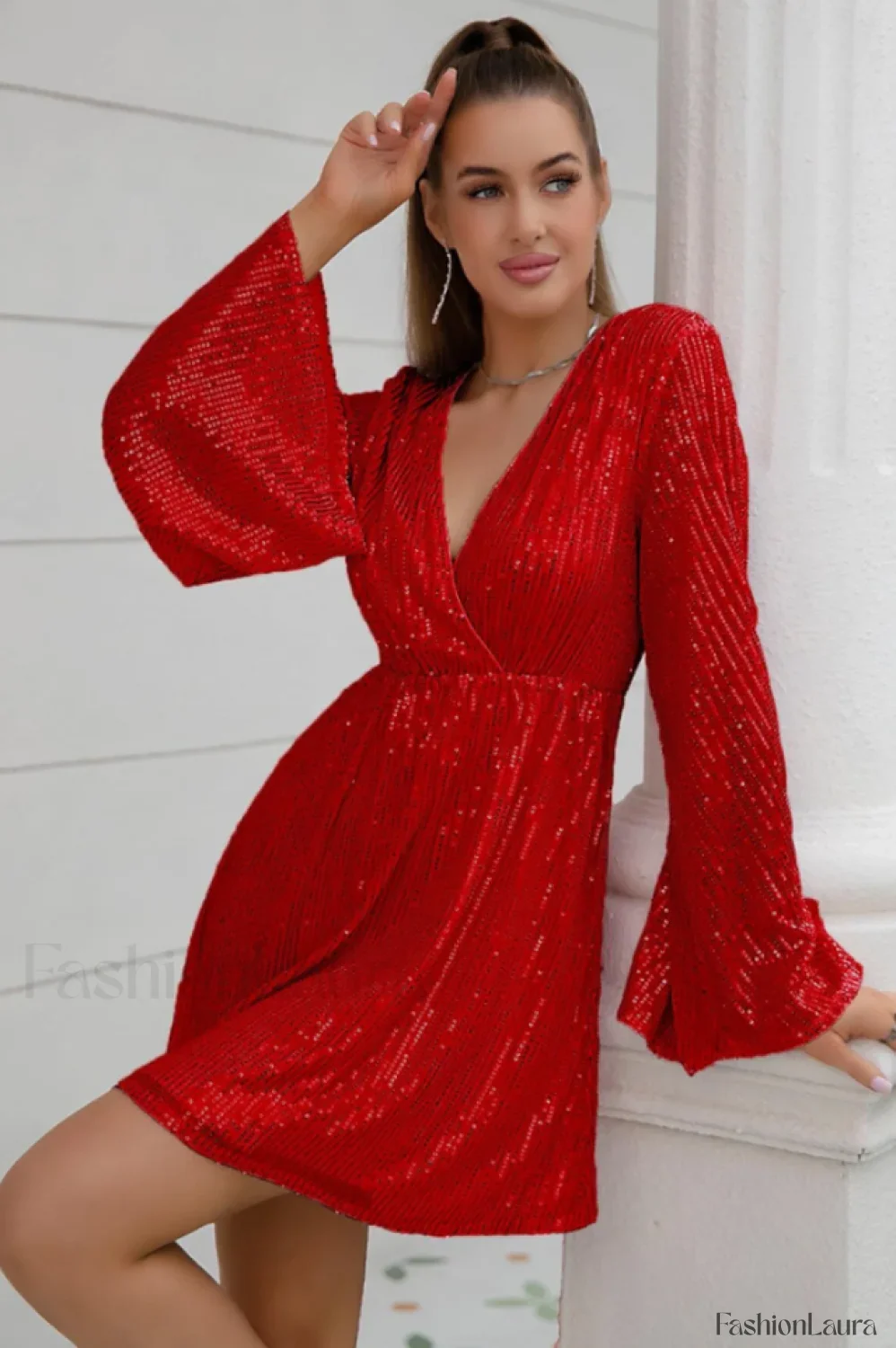 Plunging Neck Stylish Sequin Dress - Image 49