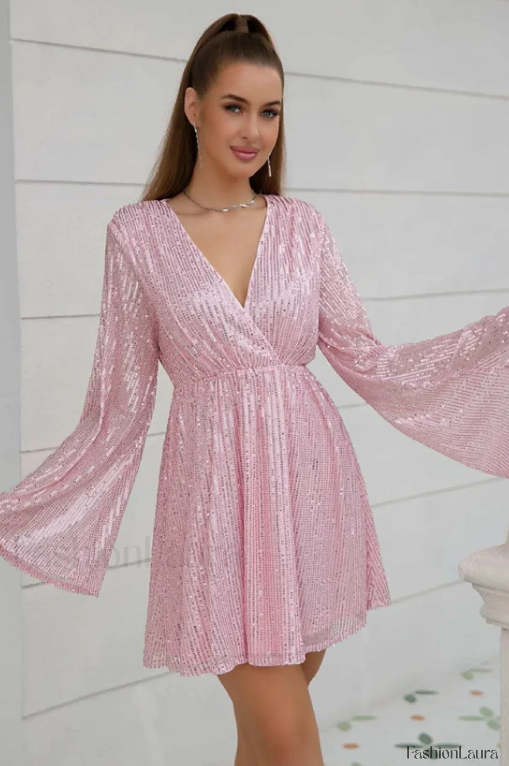 Plunging Neck Stylish Sequin Dress - Image 52