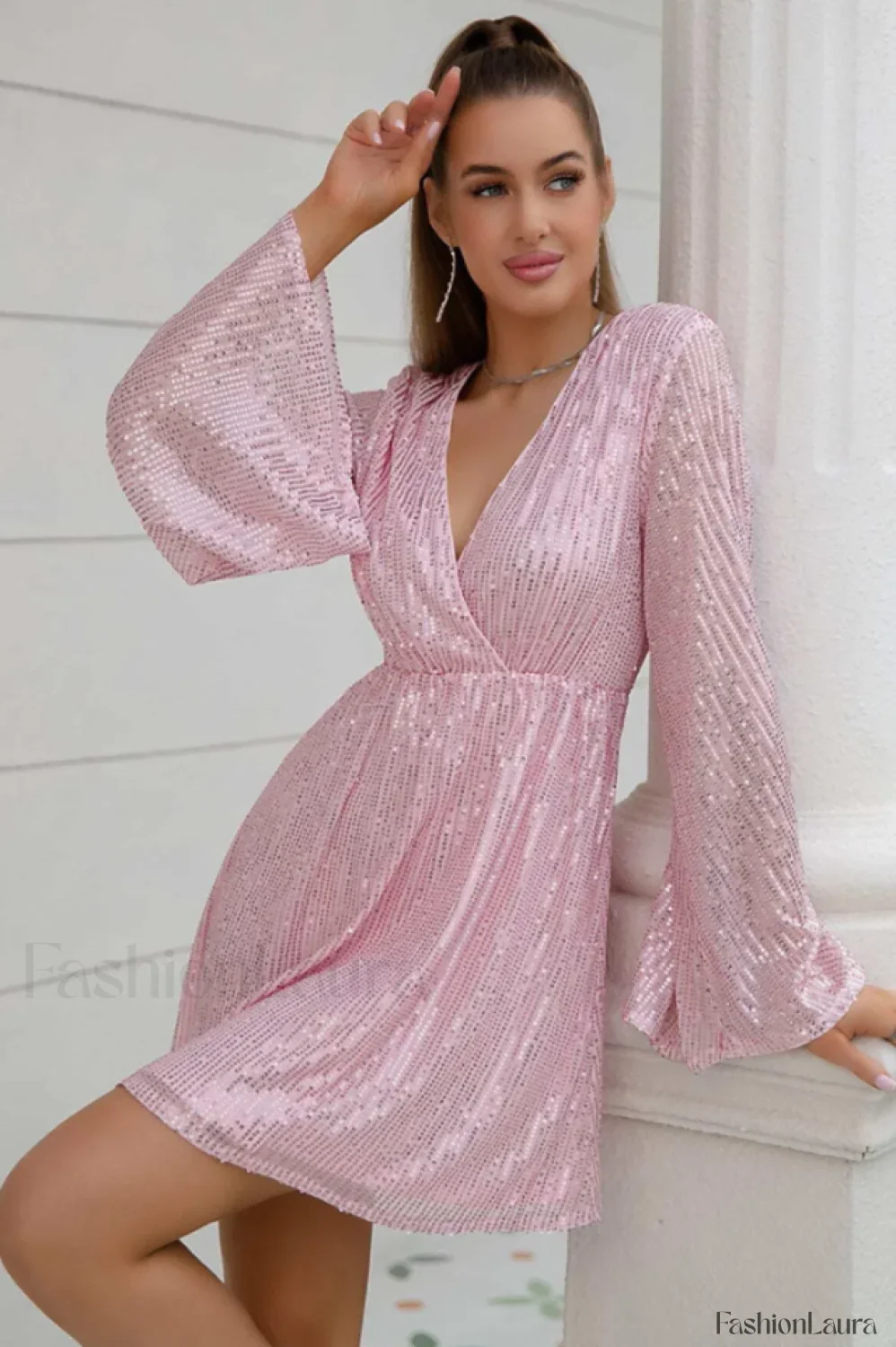 Plunging Neck Stylish Sequin Dress - Image 53
