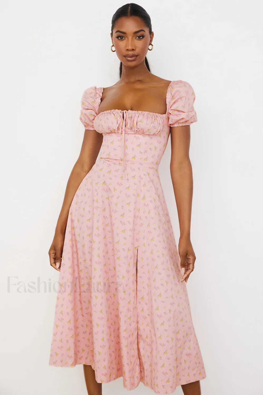 Pink Printed Puff Charming Sleeve Midi Dress