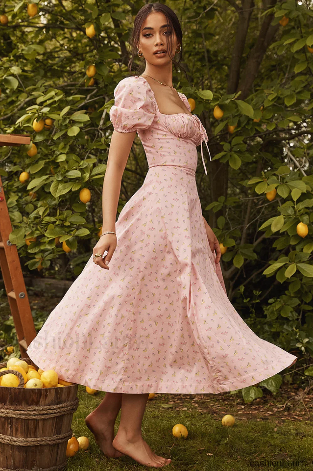 Pink Printed Puff Charming Sleeve Midi Dress - Image 11