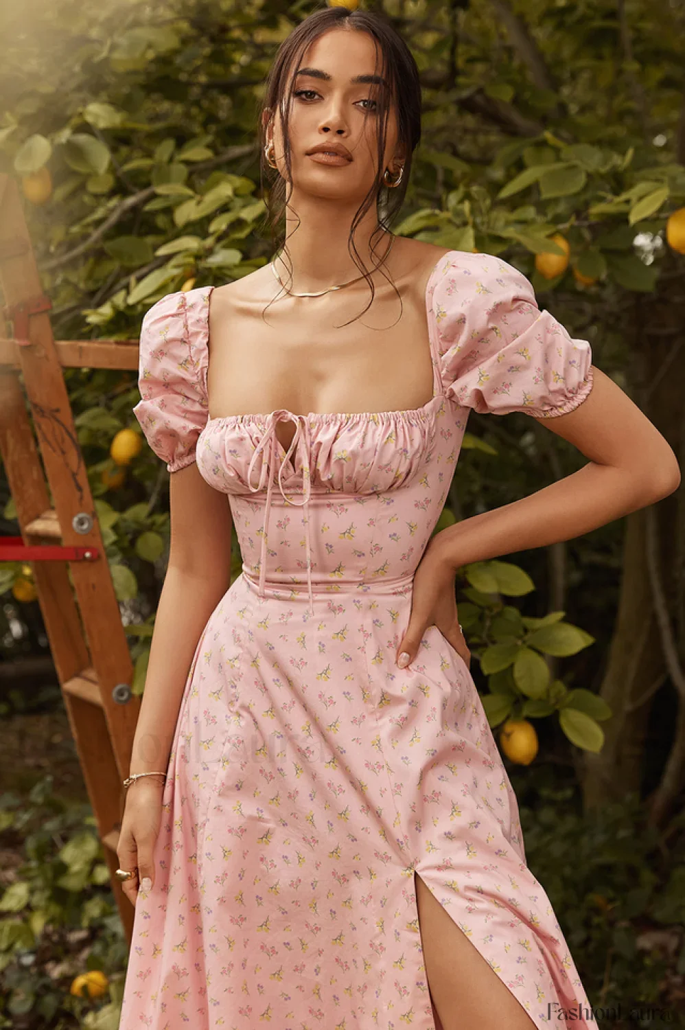 Pink Printed Puff Charming Sleeve Midi Dress - Image 14