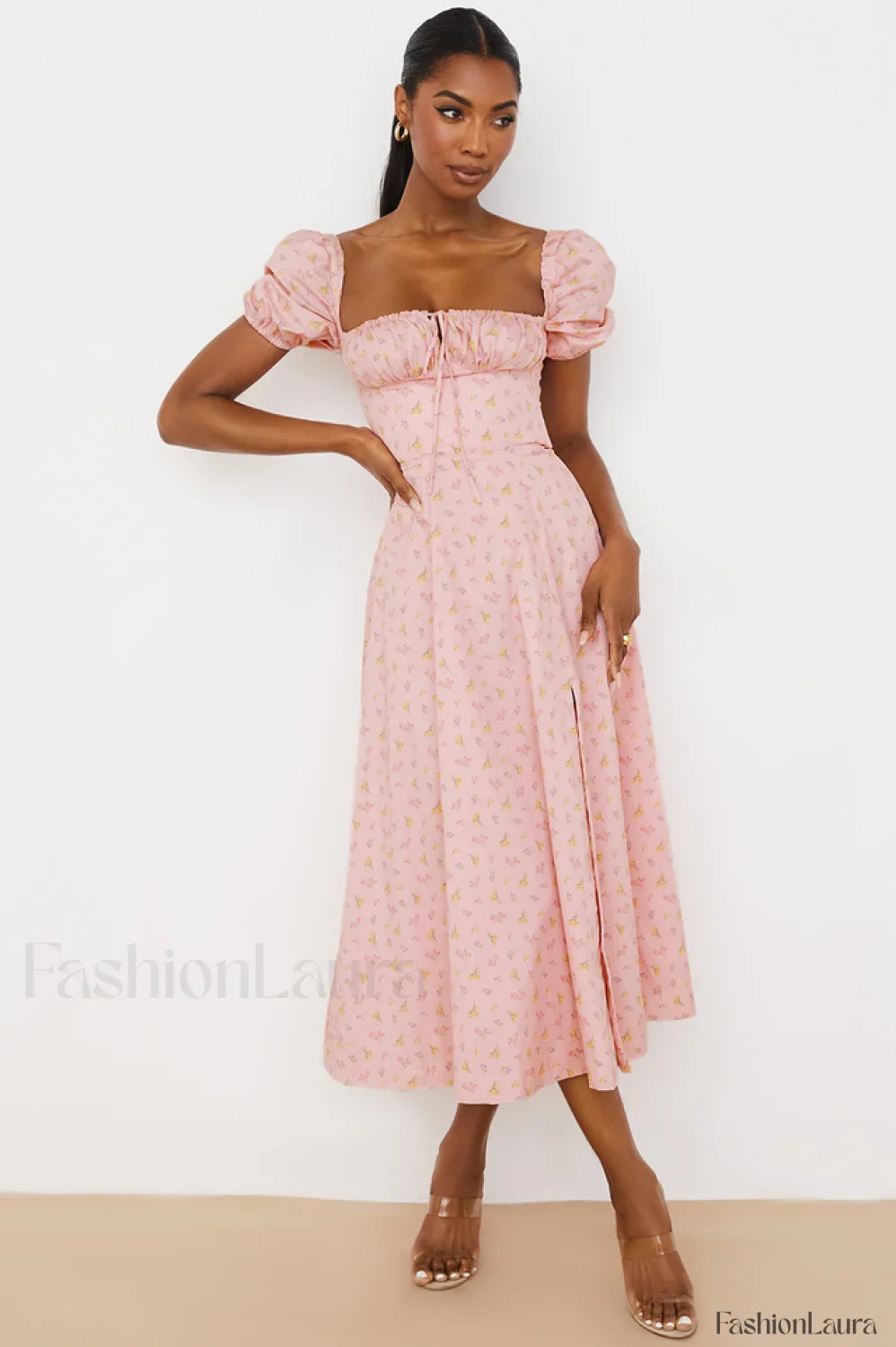Pink Printed Puff Charming Sleeve Midi Dress - Image 15