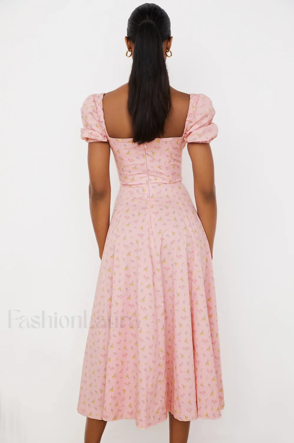 Pink Printed Puff Charming Sleeve Midi Dress - Image 4
