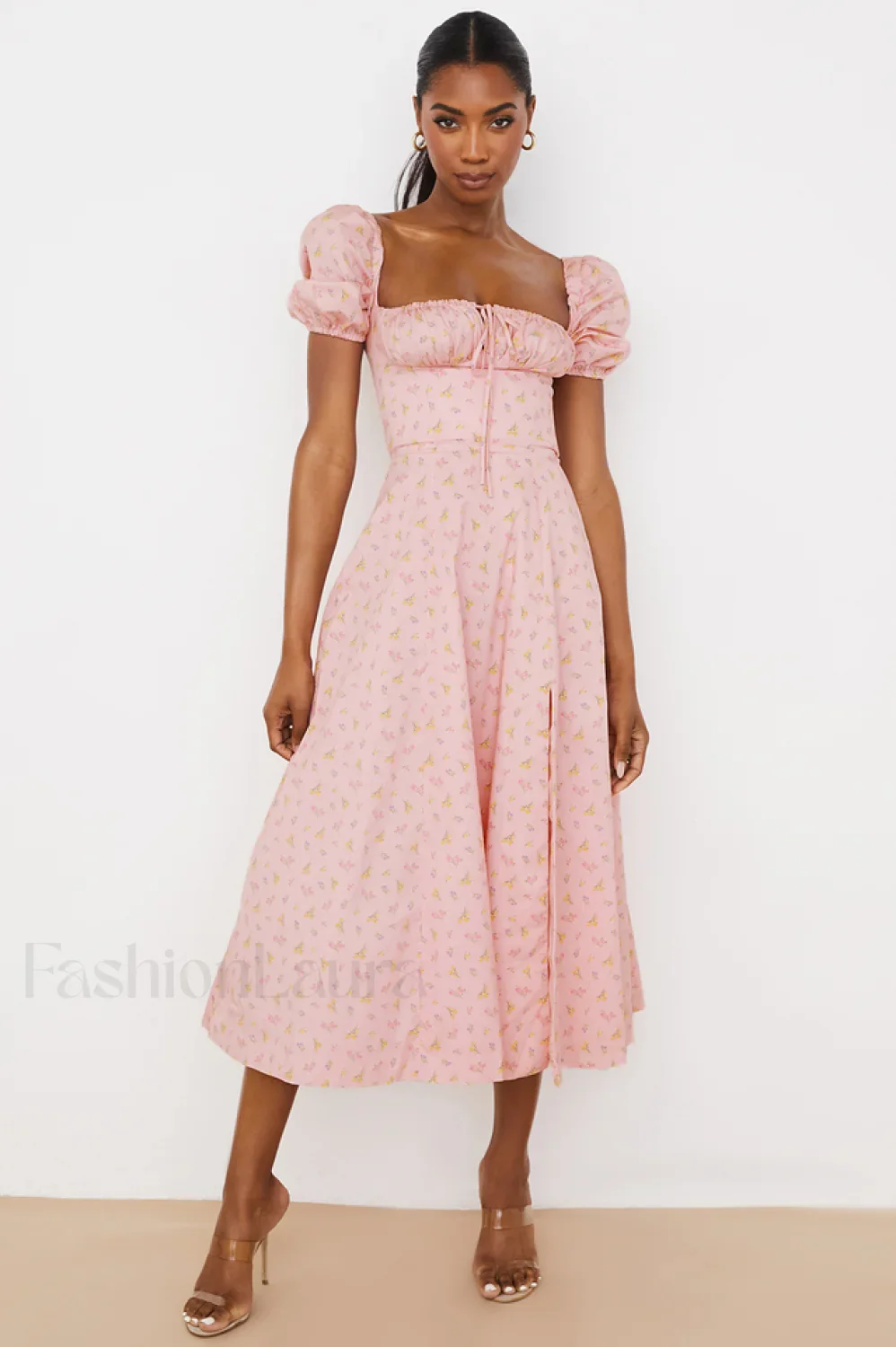 Pink Printed Puff Charming Sleeve Midi Dress - Image 5