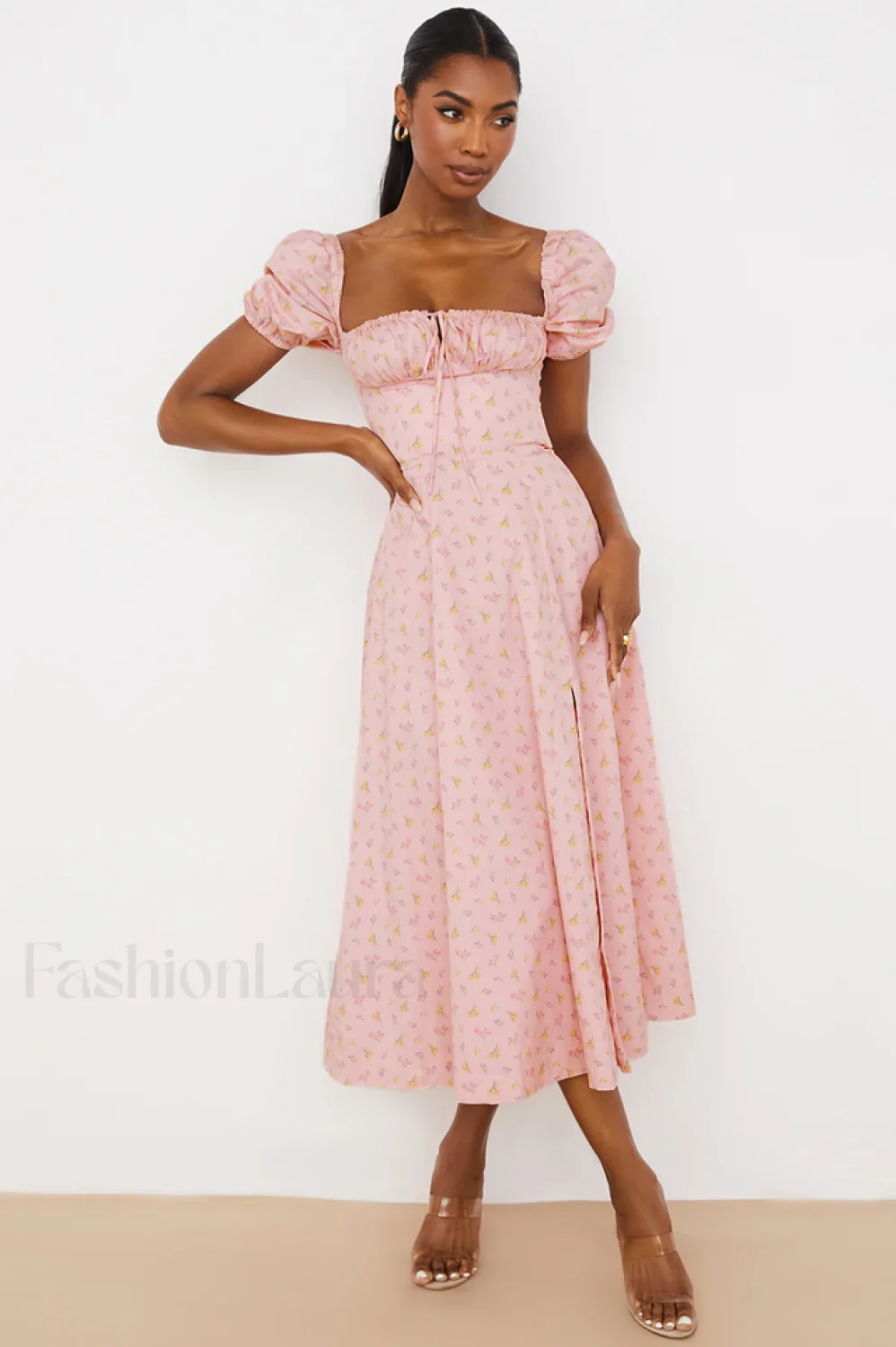 Pink Printed Puff Charming Sleeve Midi Dress - Image 6