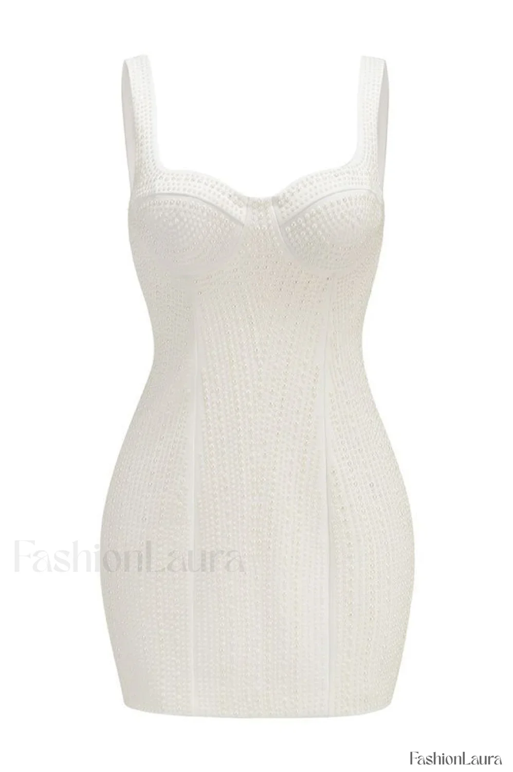 Pearl Studded Stylish White Mini Dress - Image 12