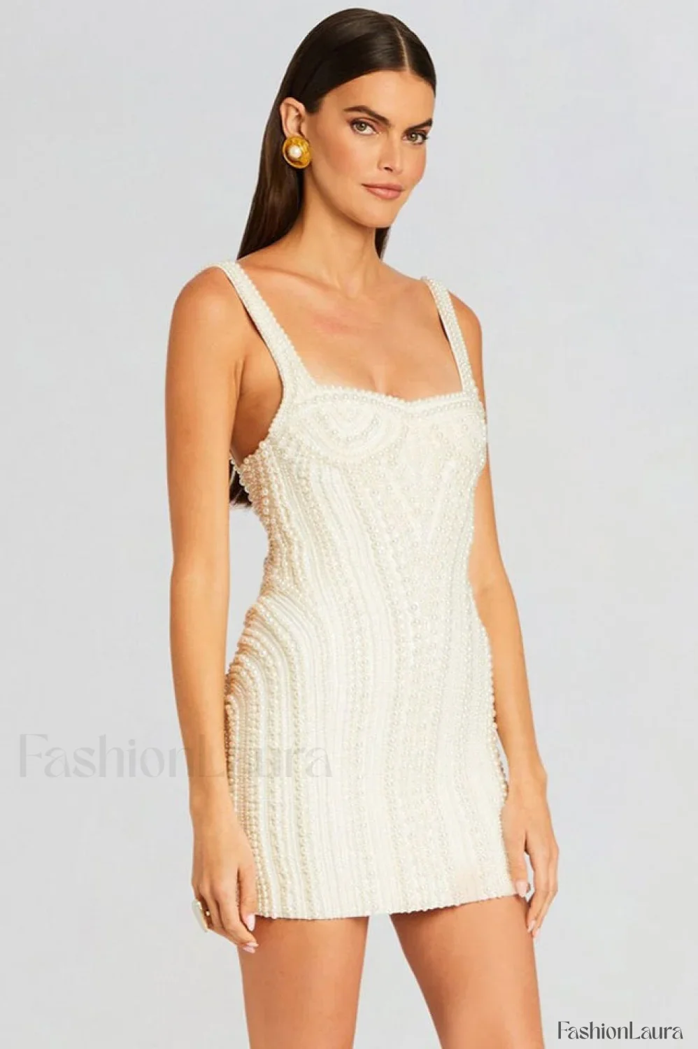Pearl Studded Stylish White Mini Dress - Image 16