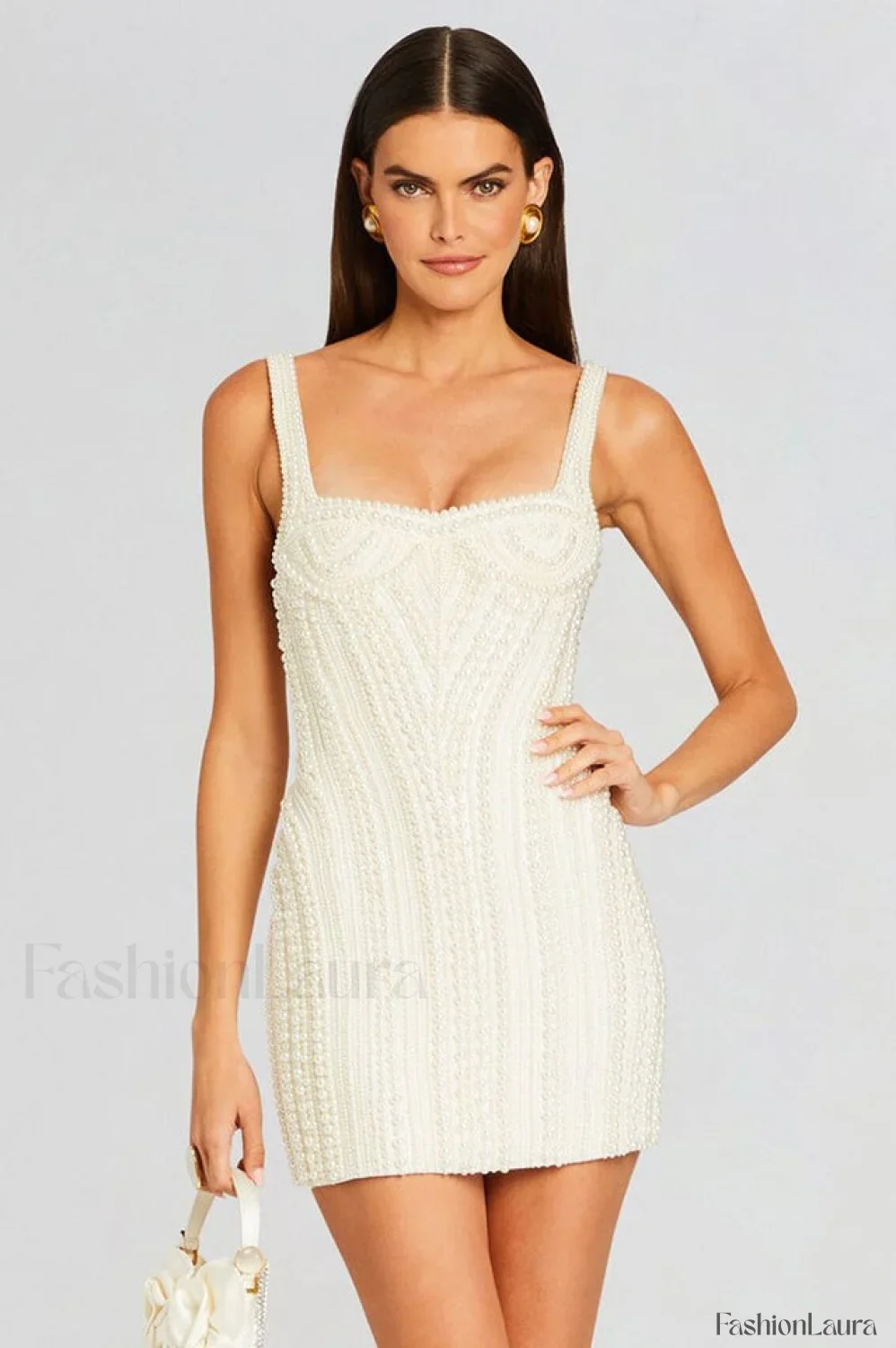 Pearl Studded Stylish White Mini Dress - Image 17