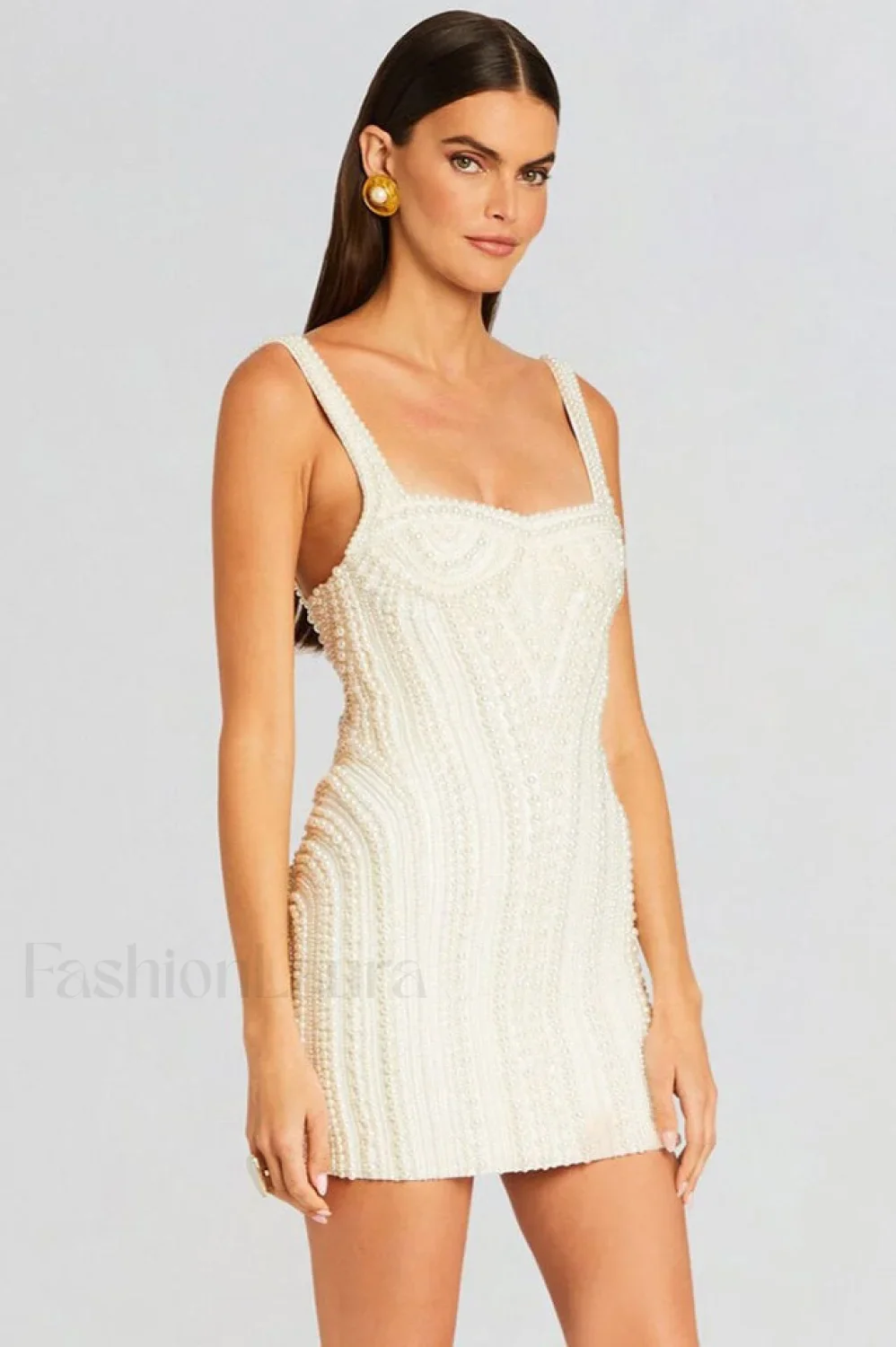 Pearl Studded Stylish White Mini Dress - Image 3