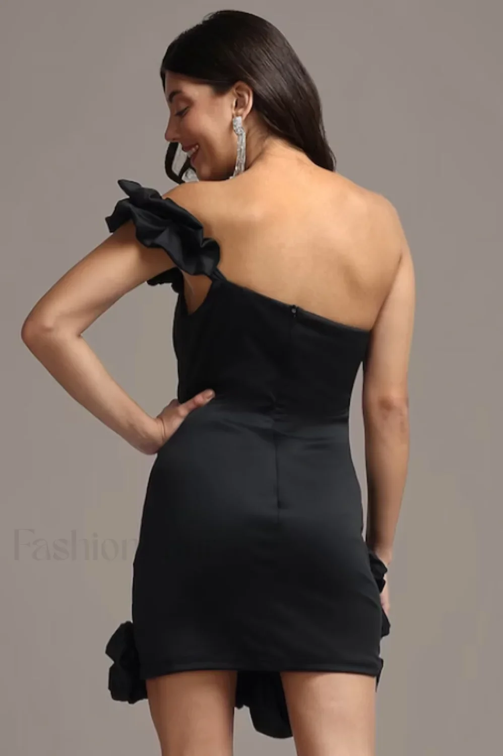 One Shoulder Ruffled Charming Sheath Mini Dress - Image 32
