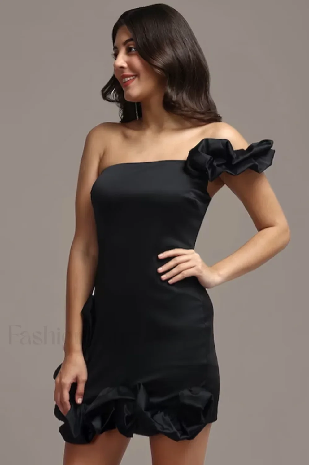 One Shoulder Ruffled Charming Sheath Mini Dress - Image 33