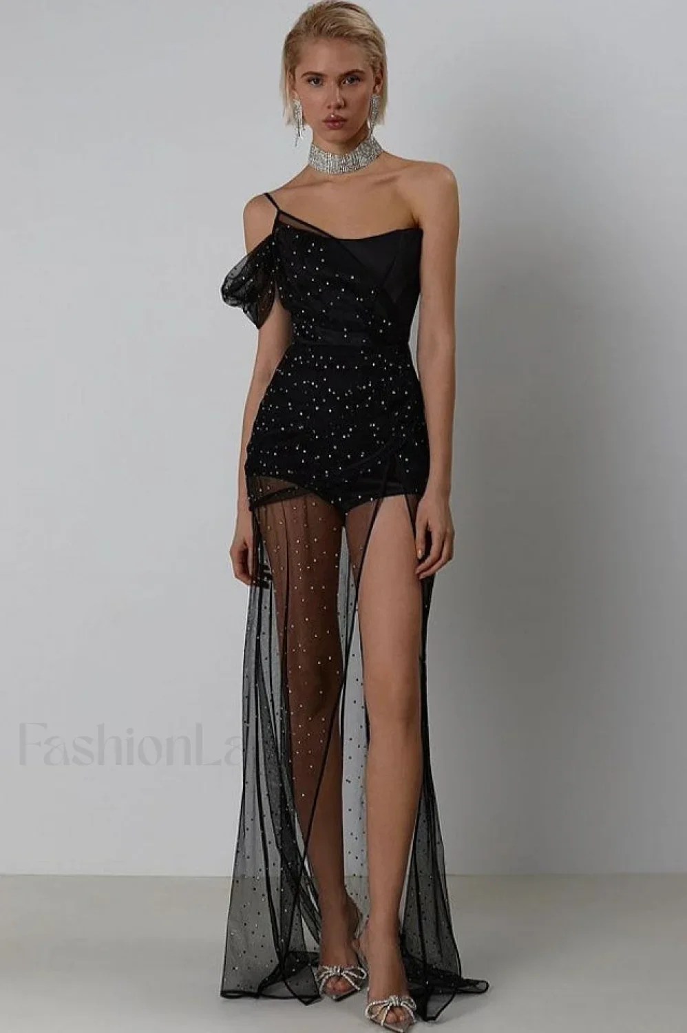 One Shoulder Rhinestone Charming Mesh Maxi Dress