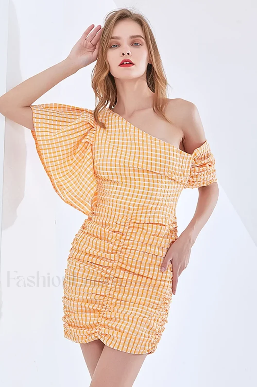 One Shoulder Stylish Asymmetric Check Dress - Image 11