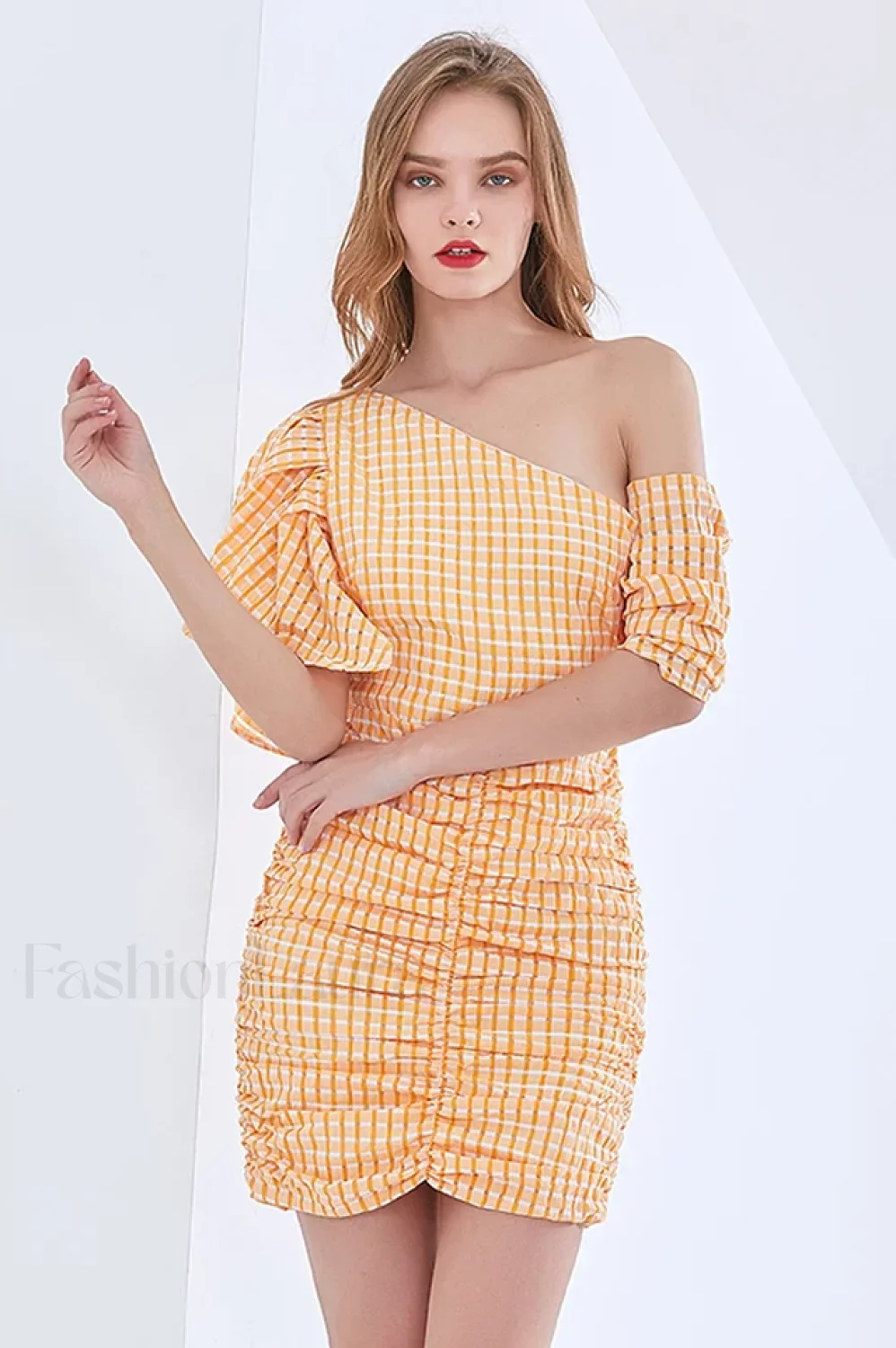 One Shoulder Stylish Asymmetric Check Dress - Image 12