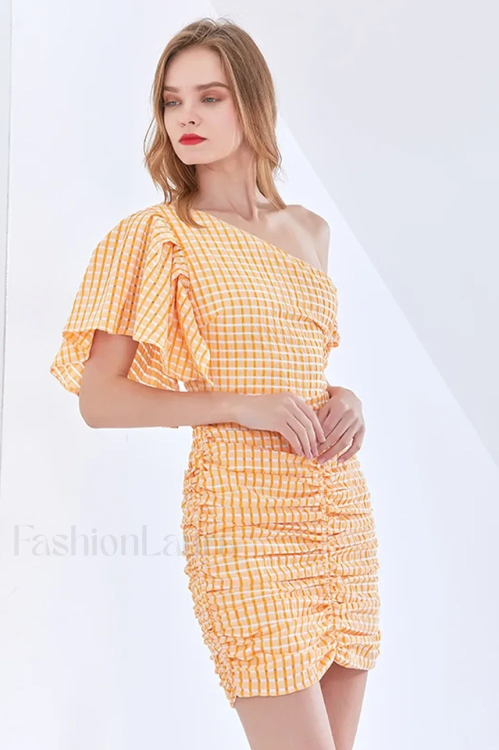 One Shoulder Stylish Asymmetric Check Dress - Image 17