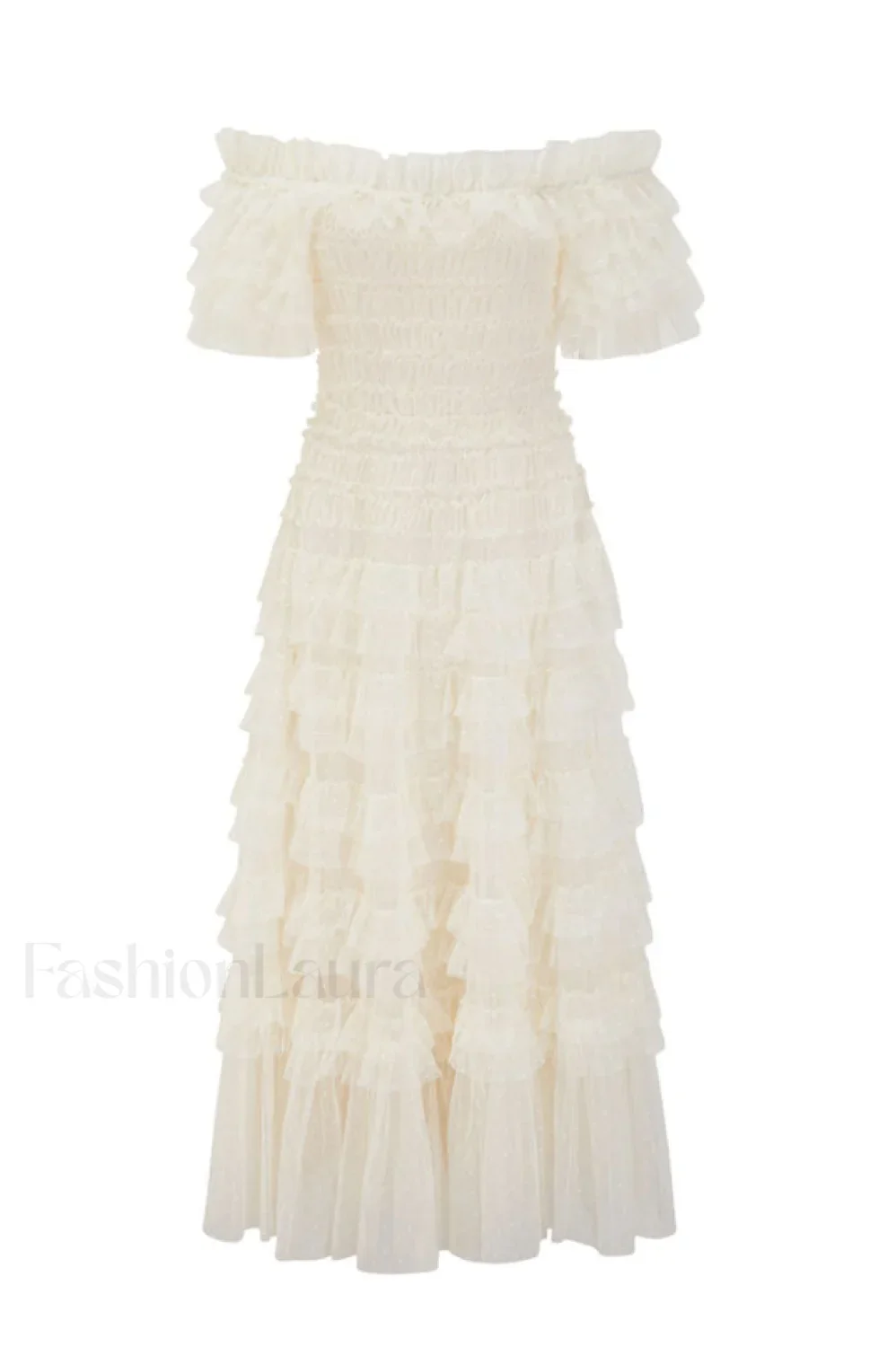 Off Shoulder Dotted Charming Tulle Maxi Dress - Image 12