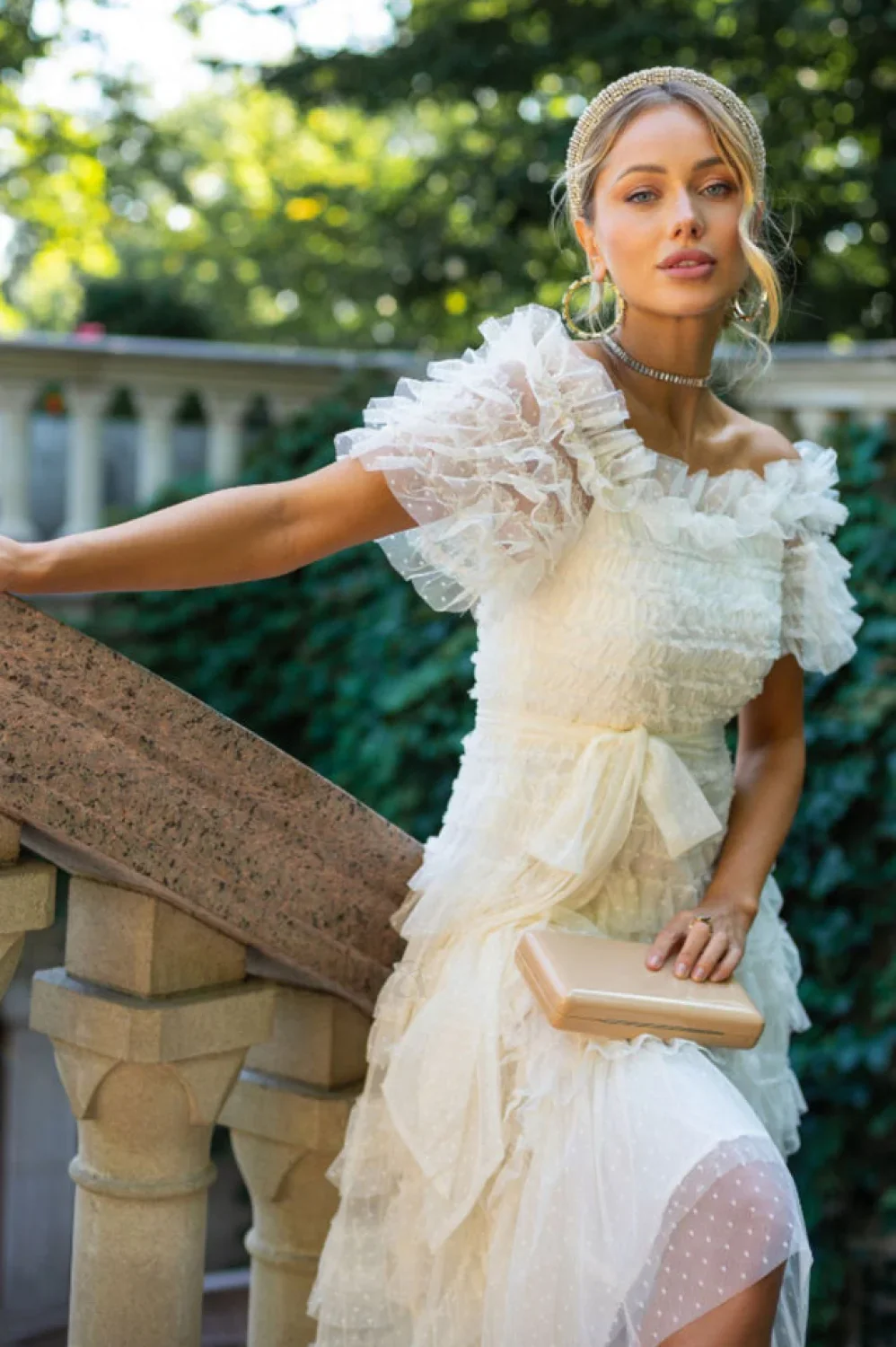 Off Shoulder Dotted Charming Tulle Maxi Dress - Image 17