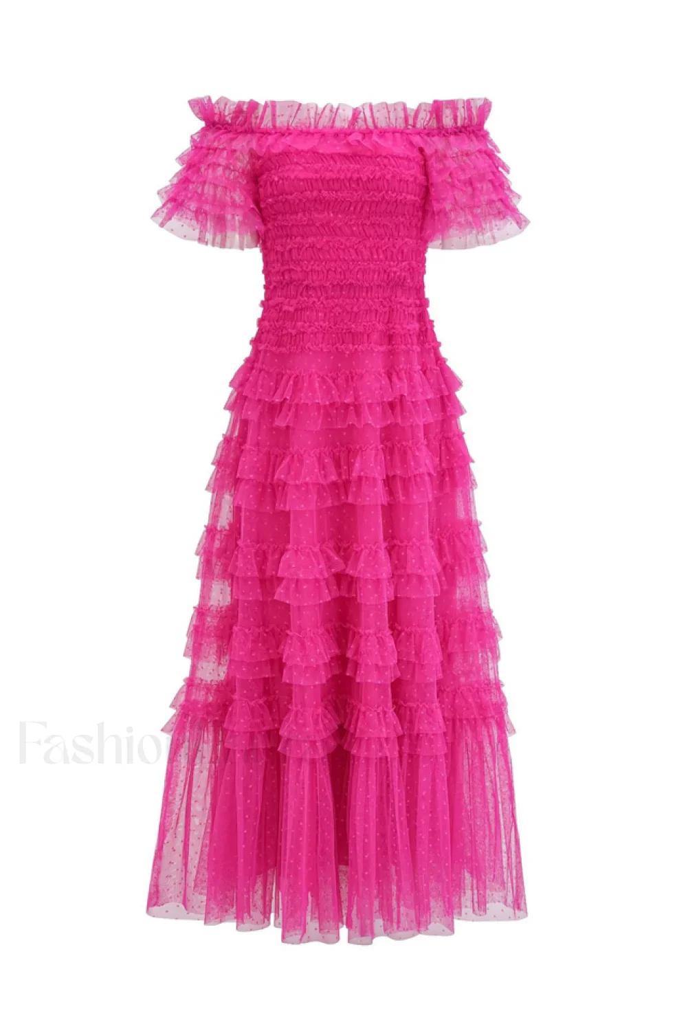 Off Shoulder Dotted Charming Tulle Maxi Dress - Image 26