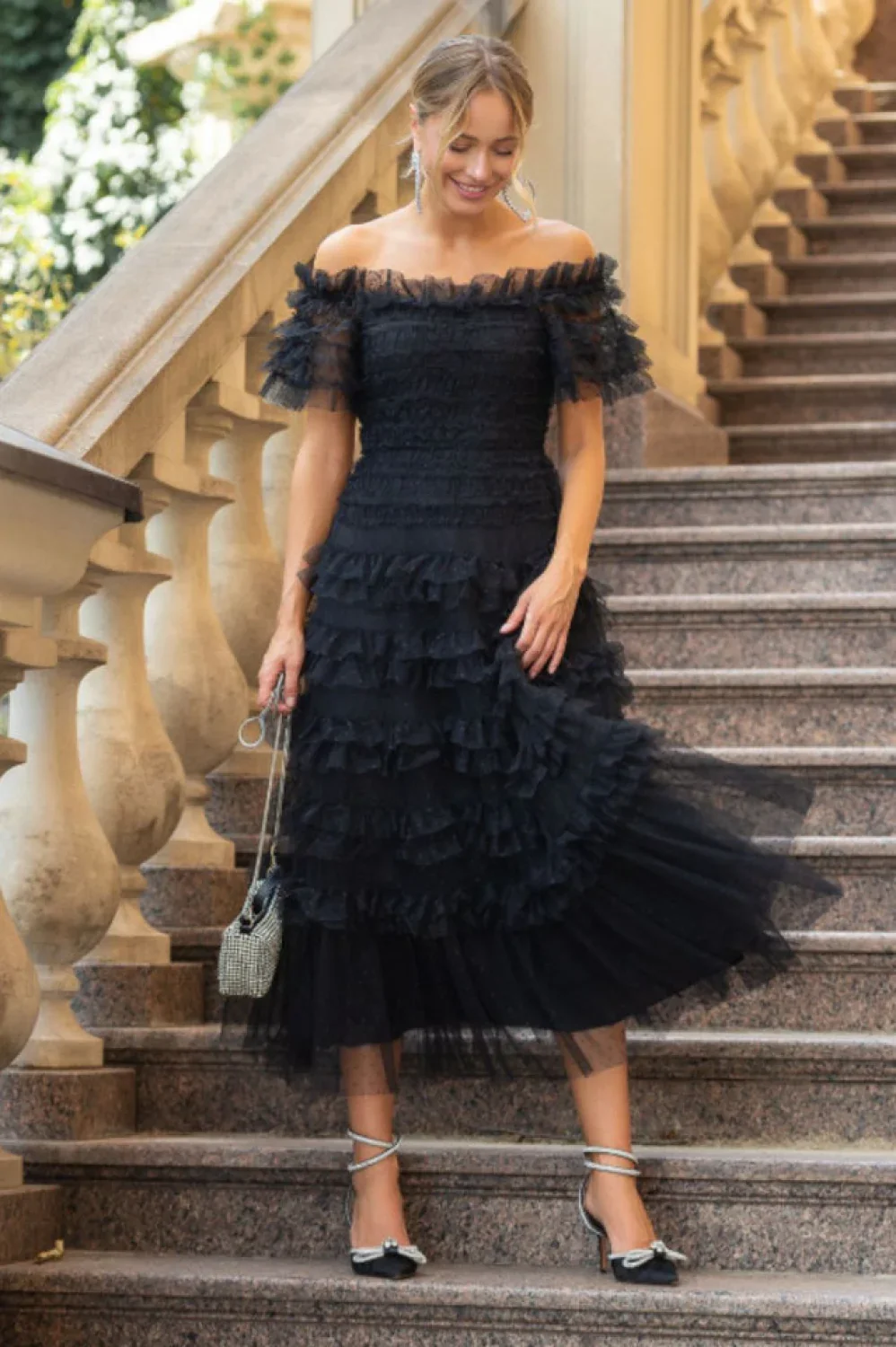 Off Shoulder Dotted Charming Tulle Maxi Dress - Image 6