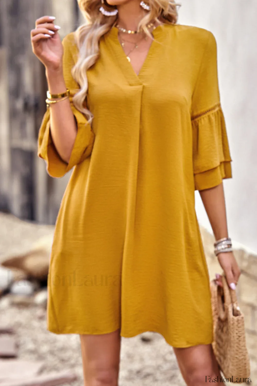 Notched Neck Flare Charming Sleeve Pocket Dress - Image 17