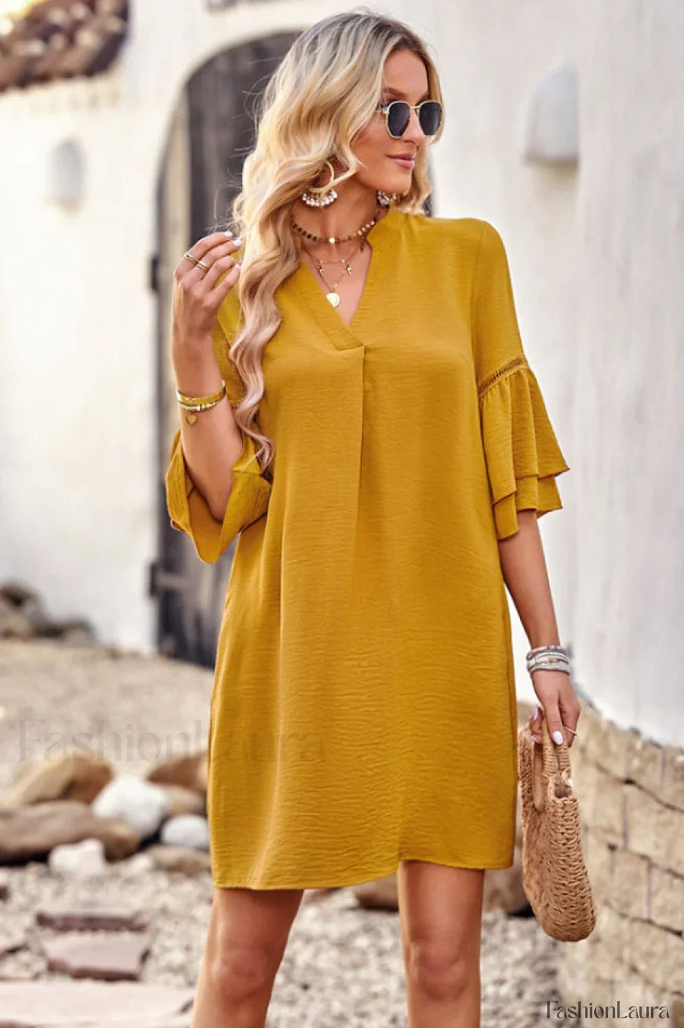 Notched Neck Flare Charming Sleeve Pocket Dress - Image 19