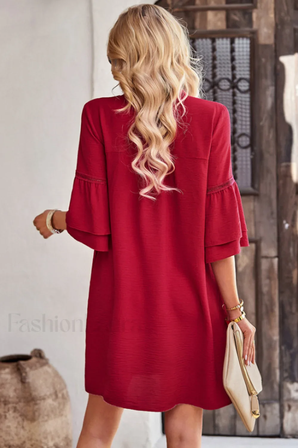 Notched Neck Flare Charming Sleeve Pocket Dress - Image 2