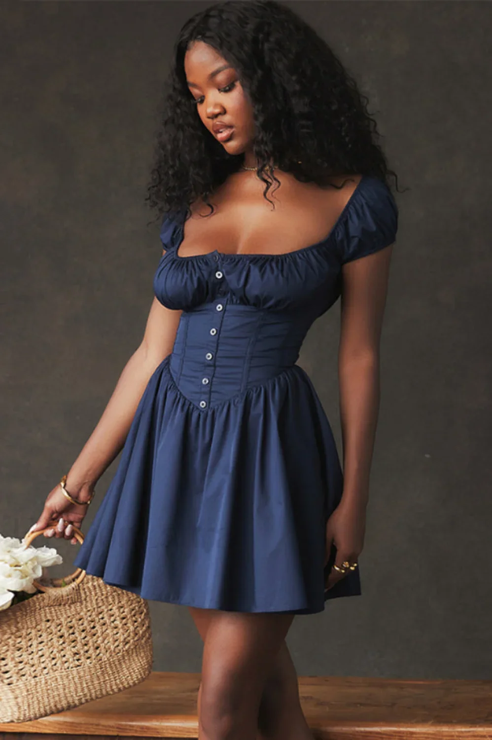 Nala French Navy Charming Gathered Mini Dress - Image 14
