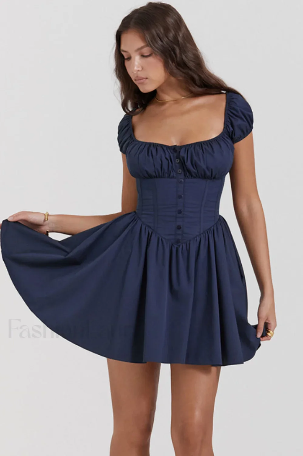 Nala French Navy Charming Gathered Mini Dress - Image 18
