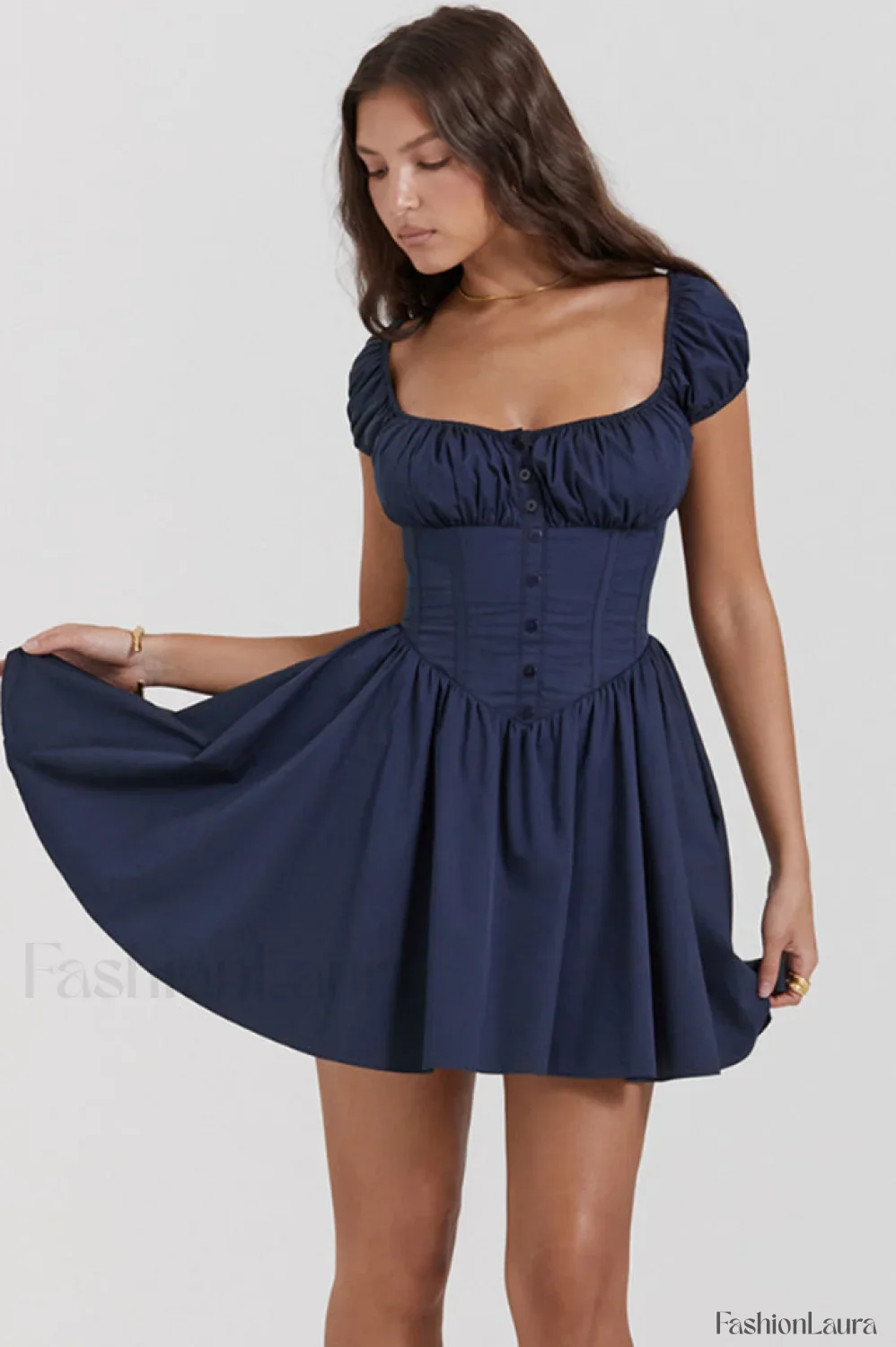 Nala French Navy Charming Gathered Mini Dress - Image 34