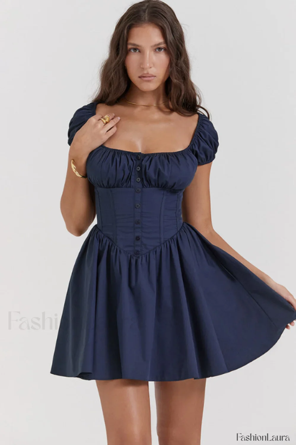Nala French Navy Charming Gathered Mini Dress - Image 35