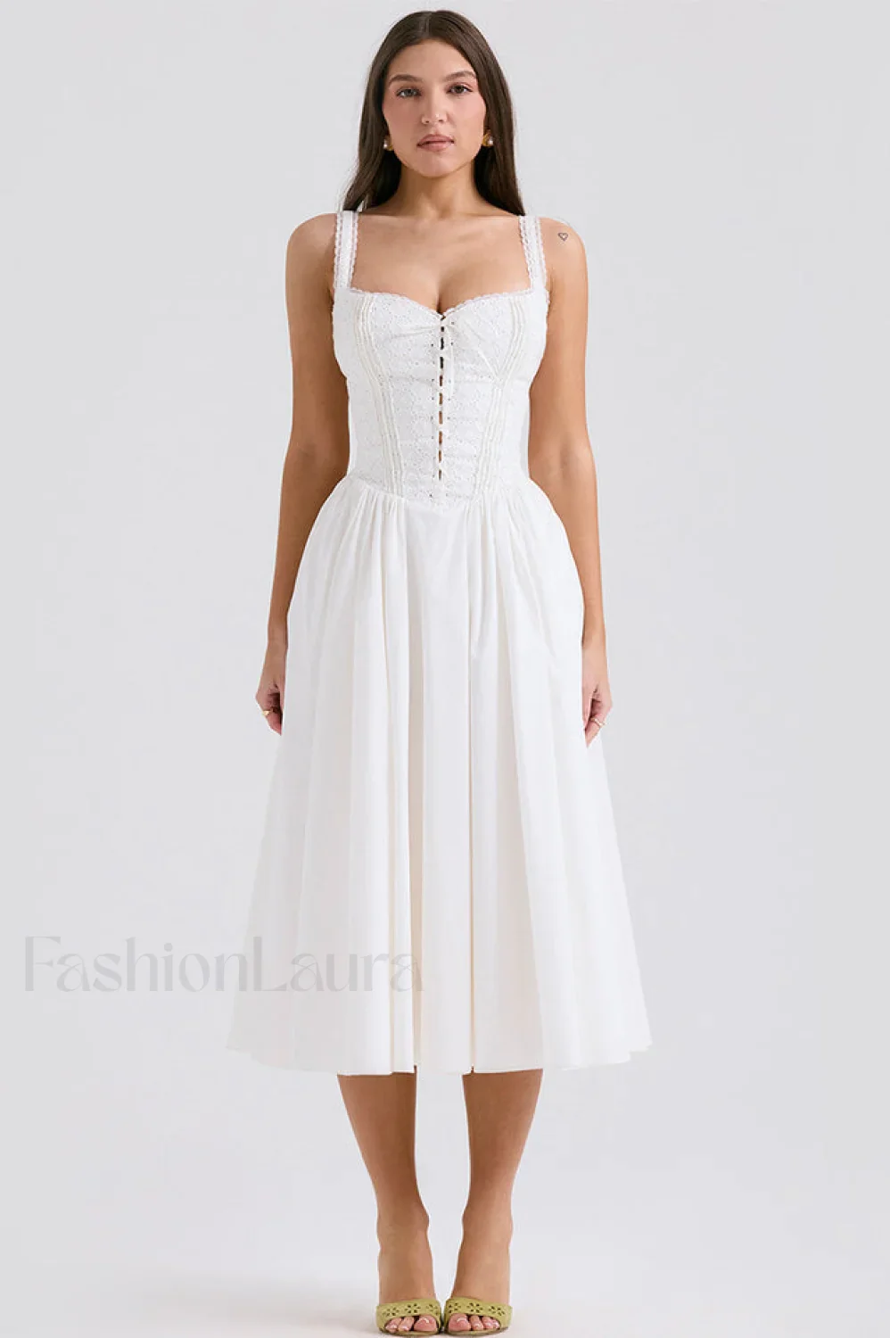 Milia White Stylish Brogue Cotton Dress