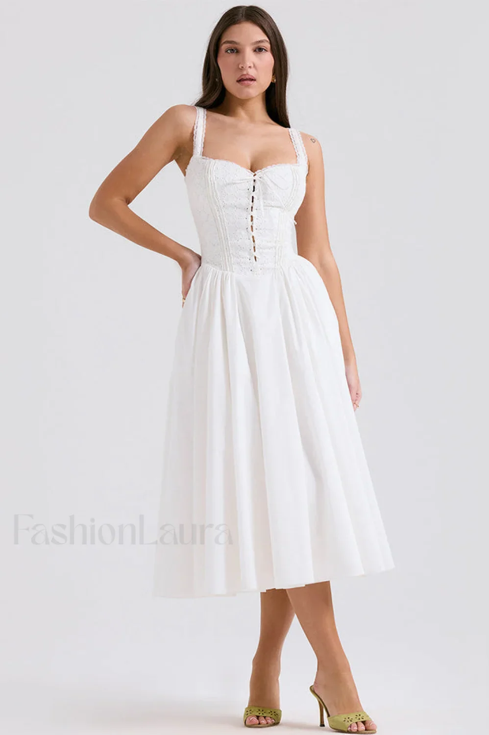 Milia White Stylish Brogue Cotton Dress - Image 2