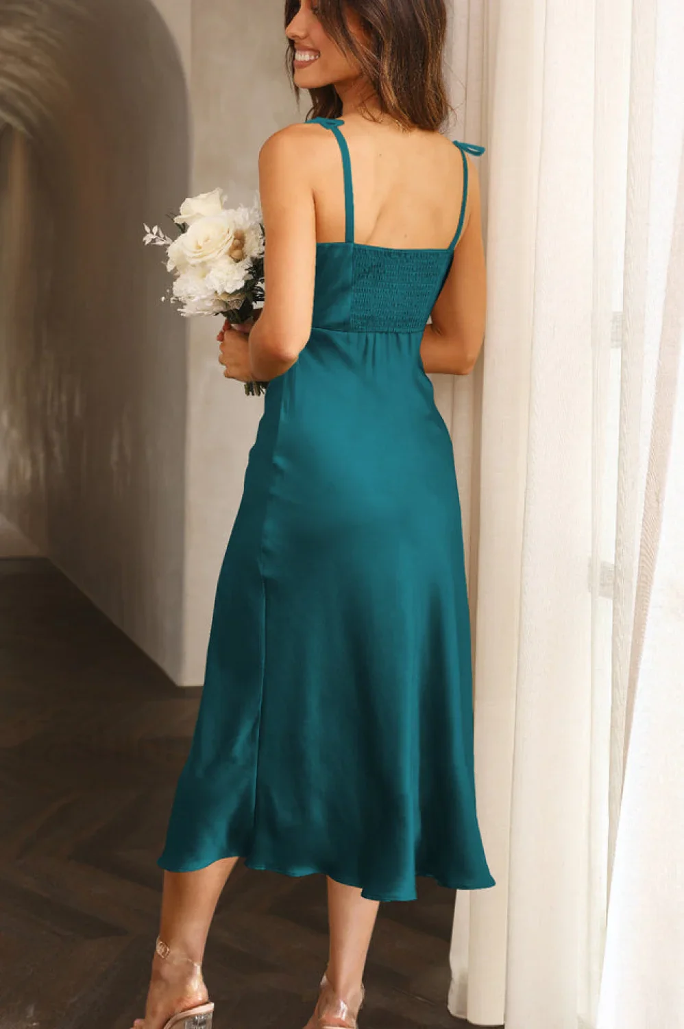High Waist Stylish Satin Wrap Dress - Image 46