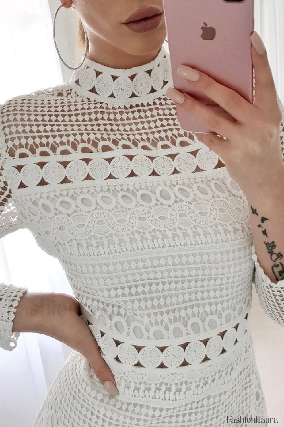 High Neck Short Charming Tight White Lace Dress - Image 19