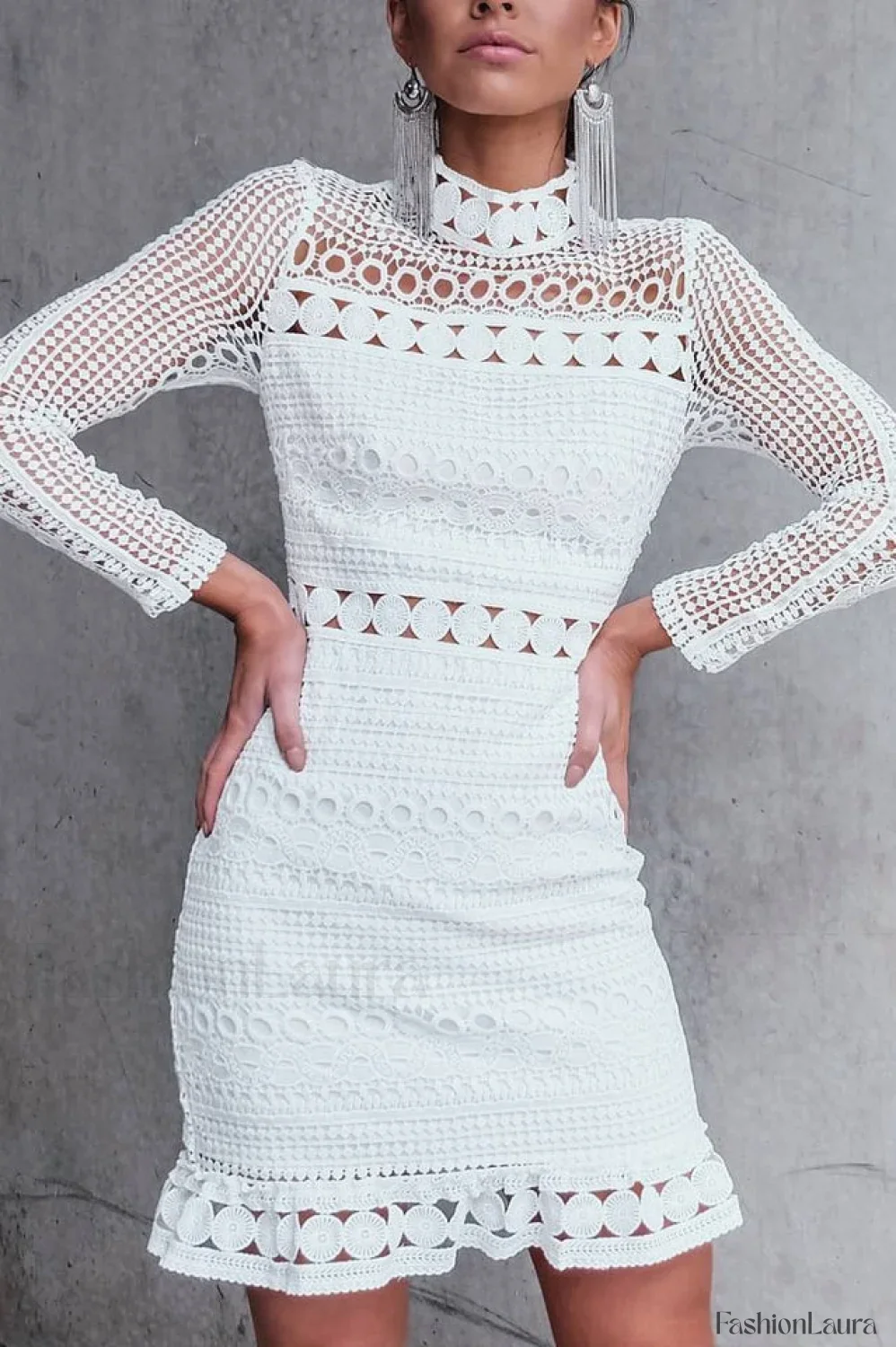High Neck Short Charming Tight White Lace Dress - Image 23