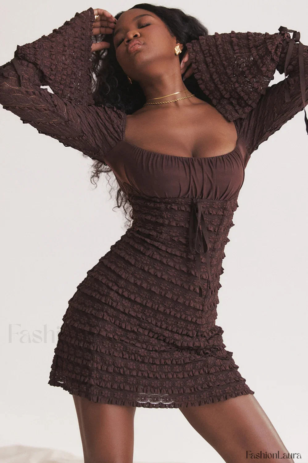 Marisa Rich Stylish Brown Lace Mini Dress - Image 21