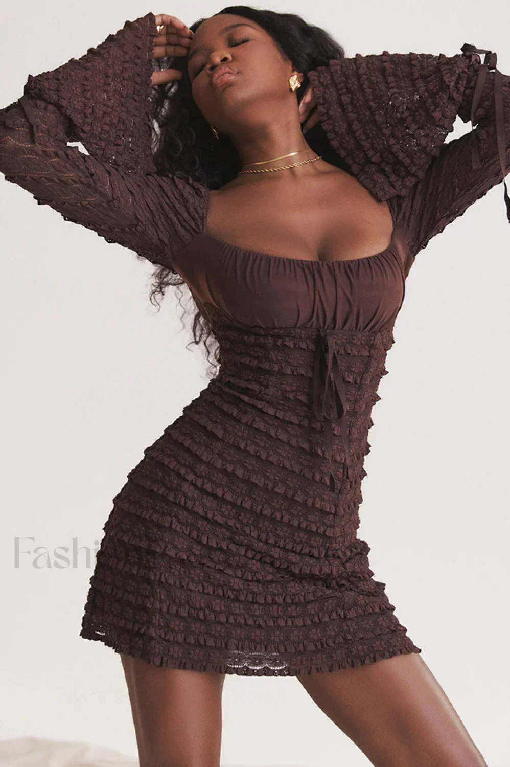 Marisa Rich Stylish Brown Lace Mini Dress - Image 6