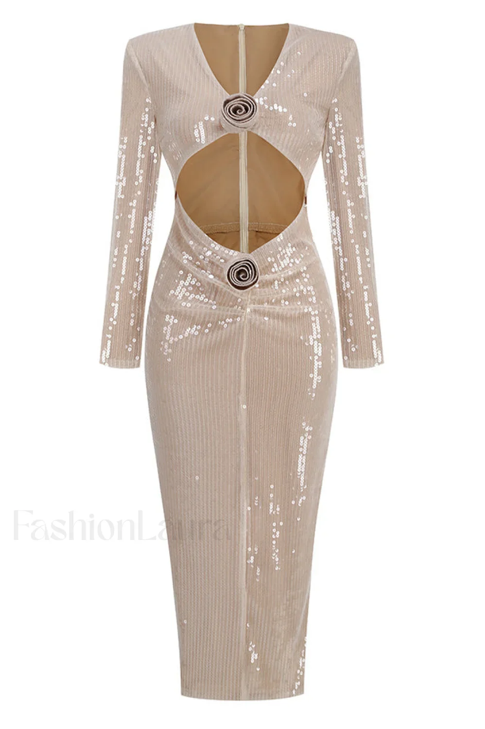 Long Sleeve Flower Charming Sequin Midi Dress - Image 18