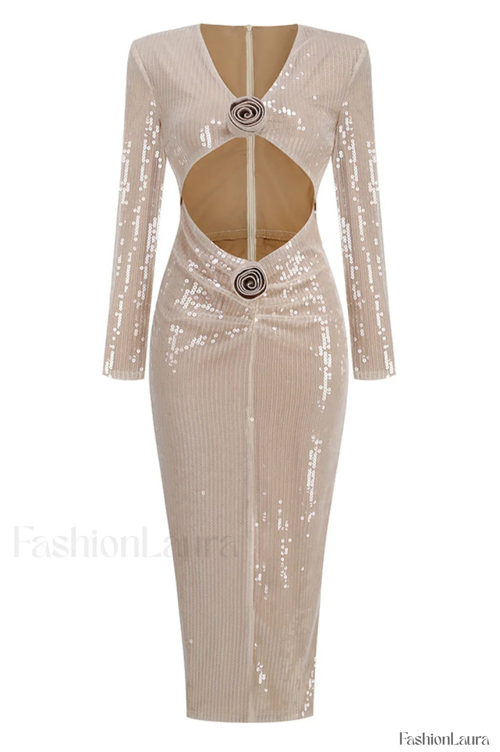 Long Sleeve Flower Charming Sequin Midi Dress - Image 26