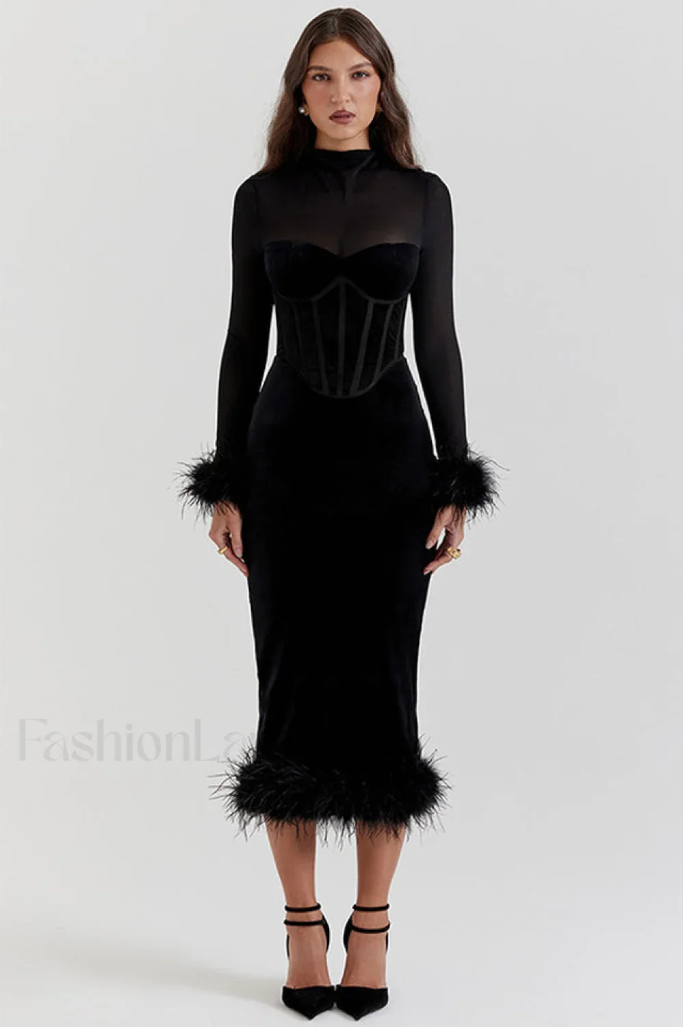 Lianna Black Stylish Velvet Midi Dress