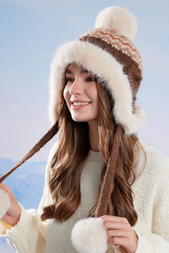 Faux Fur Fair Isle Knit Ear Flap Hat - Image 10