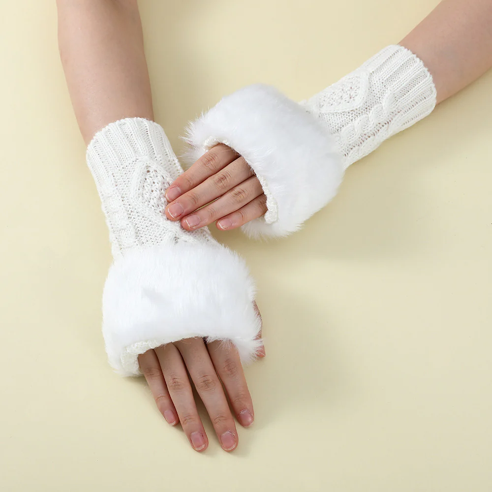 Faux Fur Knit Diamond Pattern Gloves - Image 7