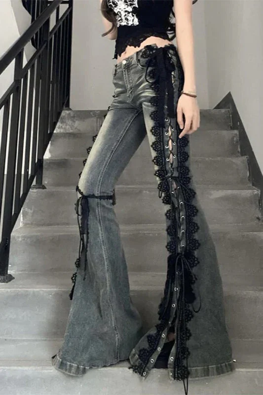Flare Lace Bandage Denim Jeans - Image 2