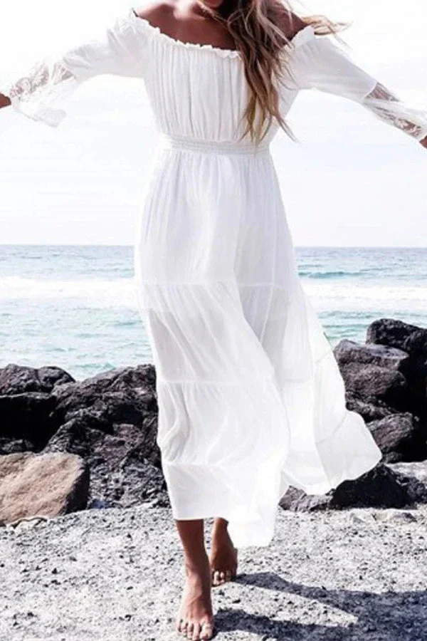 Flare Sleeve Off Shoulder Boho Dress - Image 4