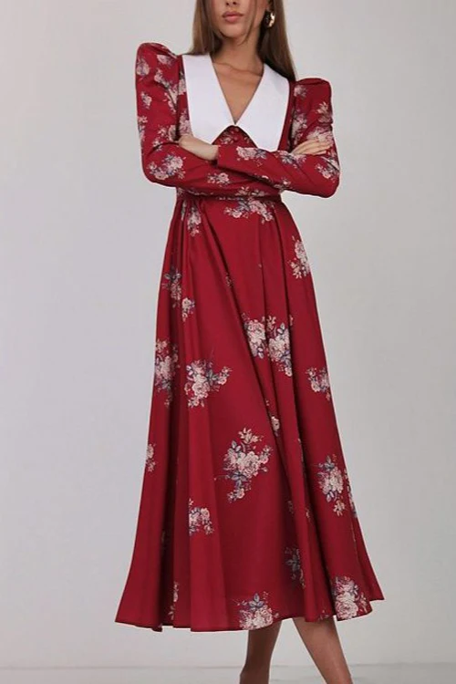 Flared Vintage Print Slim Waist Floral Maxi Dress - Image 6